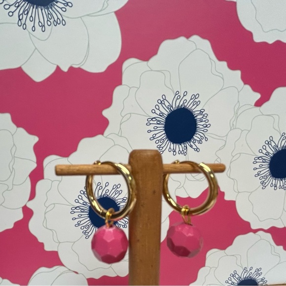 Huggie back hoops, pink bubble gum handmade earrings, dangling, updo, glamorous - Picture 2 of 3